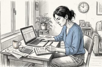 Mujer organizando sus cuentas en la mesa de casa