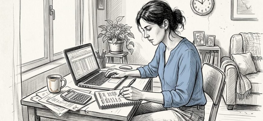 Mujer organizando sus cuentas en la mesa de casa