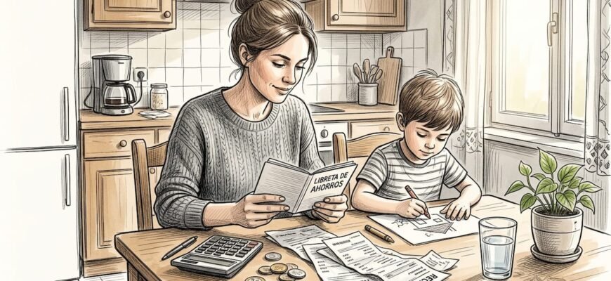 Una mujer consulta su libreta de ahorros mientras está en la cocina