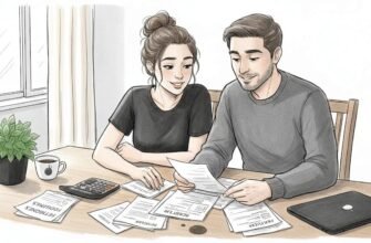 Una pareja sentada en el salón de casa, repasando las cuentas y organizando el presupuesto mensual.