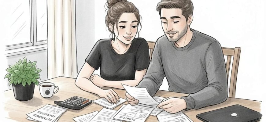 Una pareja sentada en el salón de casa, repasando las cuentas y organizando el presupuesto mensual.