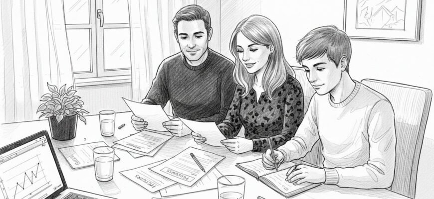 Una familia reunida en casa revisando sus cuentas y organizando el presupuesto mensual.