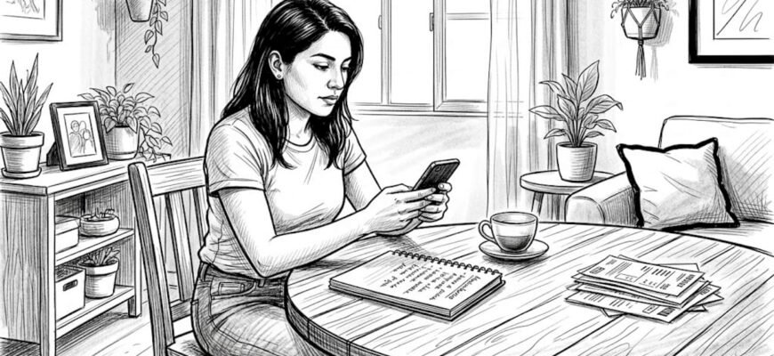 Una mujer revisa sus inversiones sentada en la mesa de la cocina.