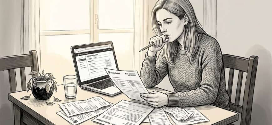 Mujer organizando sus cuentas en la mesa del comedor