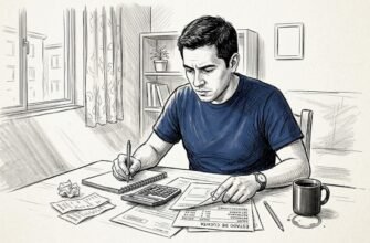 Un hombre sentado en el comedor revisa sus facturas y papeles sobre la mesa.