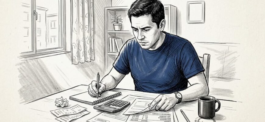 Un hombre sentado en el comedor revisa sus facturas y papeles sobre la mesa.