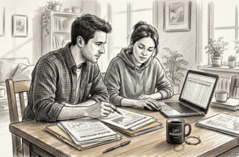 Matrimonio revisando juntos los papeles de la hipoteca en el salón de su casa