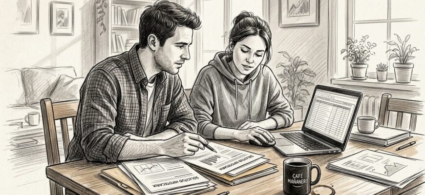 Matrimonio revisando juntos los papeles de la hipoteca en el salón de su casa