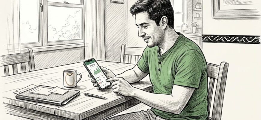 Hombre consultando su aplicación de finanzas desde la comodidad de su hogar en México.