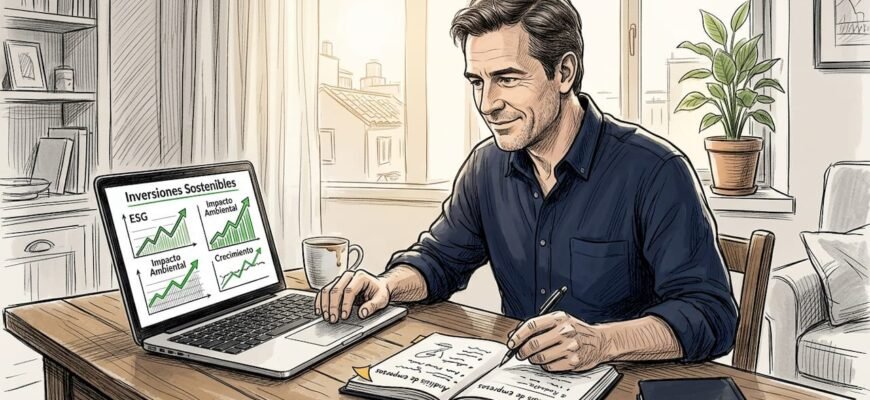 Un hombre analiza oportunidades de inversión sostenible mientras trabaja desde su oficina en casa.
