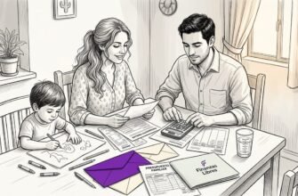 Una familia que se sienta junta para organizar sus gastos y planificar cómo ahorrar en casa.