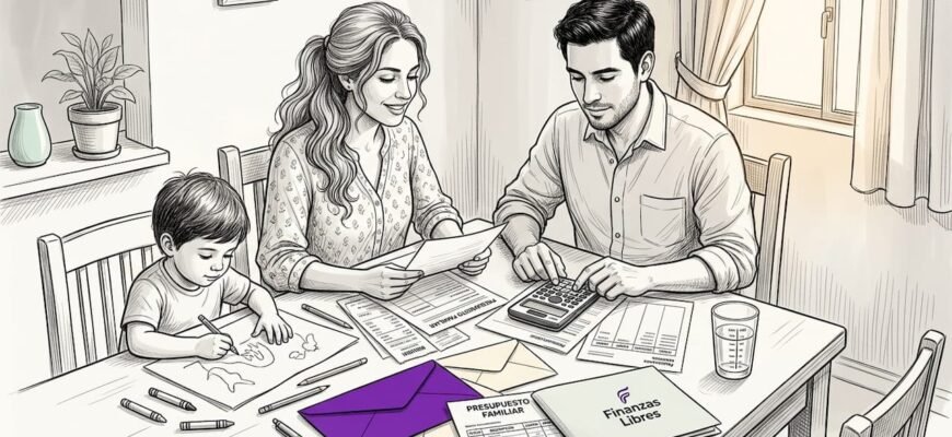 Una familia que se sienta junta para organizar sus gastos y planificar cómo ahorrar en casa.