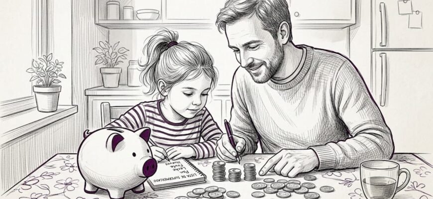 Padre e hija cuentan monedas en casa