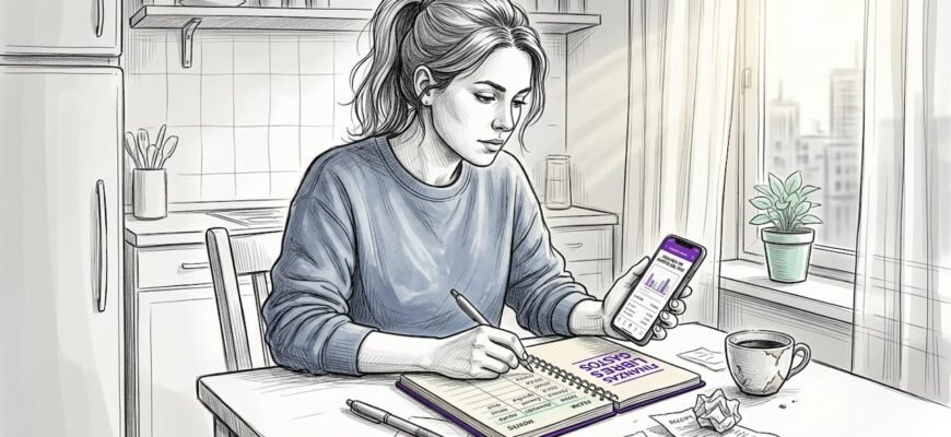 Una mujer revisa sus gastos sentada en la mesa de la cocina, anotando cuidadosamente cada detalle para llevar el control de su presupuesto familiar.
