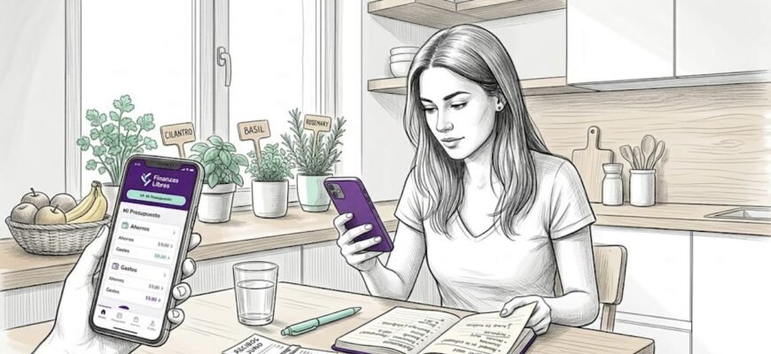 Una mujer revisa su aplicación de finanzas desde la comodidad de su salón
