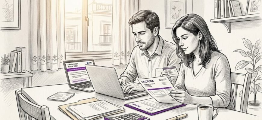 Una pareja mexicana revisa juntos sus papeles de impuestos en casa, asegurándose de que todo esté en orden.