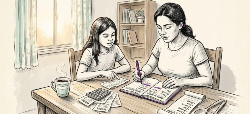 Madre e hija revisando juntas las cuentas del hogar