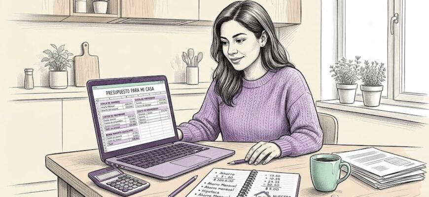 Una mujer revisa sus cuentas en la mesa, haciendo cálculos para ahorrar y poder comprar su casa.