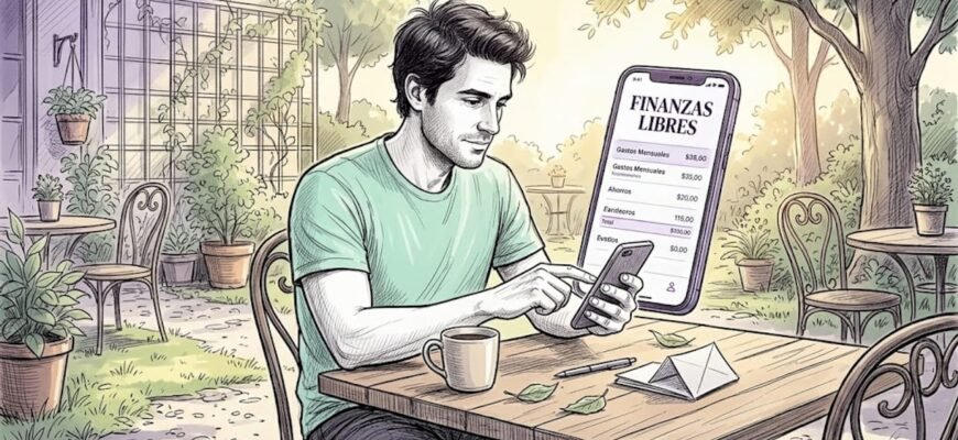 Un hombre revisa sus cuentas desde el móvil mientras desayuna en la mesa de la cocina.
