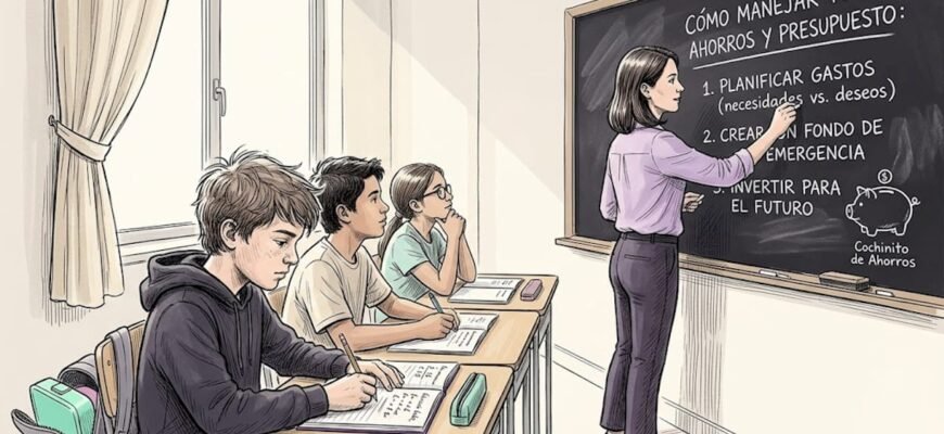 Clase de finanzas personales utilizando el pizarrón en el aula